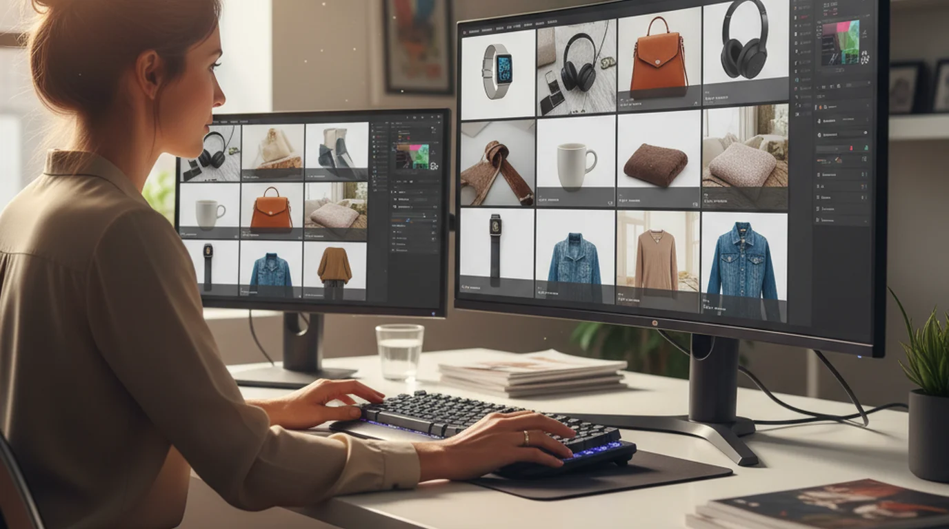 Ecommerce professional batch processing multiple product photos in a grid layout on desktop computer in a clean office