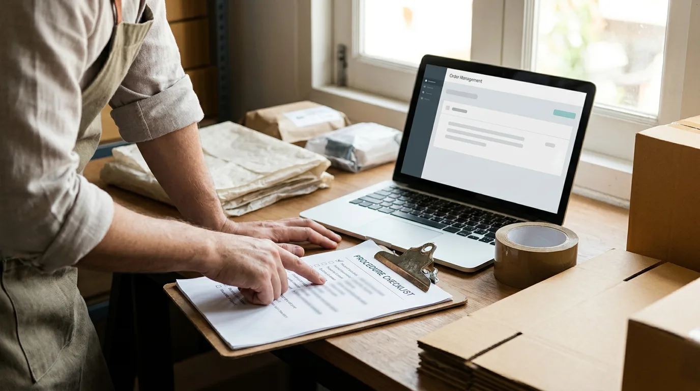 Small business owner at a shop counter following a printed procedure checklist clipped to a board, with a laptop and packing supplies nearby
