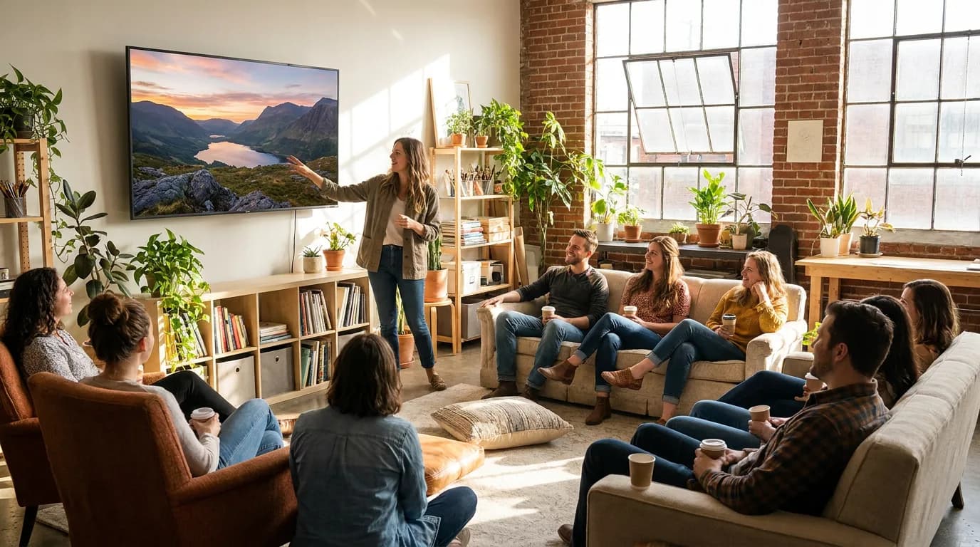 Presenter standing beside a large screen showing a bold full-bleed photo slide while a small audience watches from sofas in a bright studio