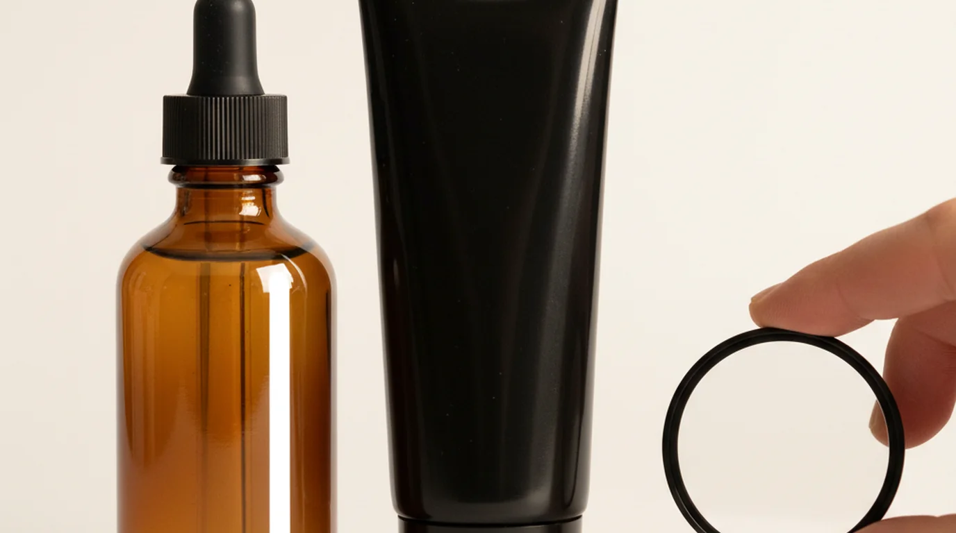 Amber glass serum bottle and metal tube on white backdrop showing harsh light glare and a blown-out specular highlight