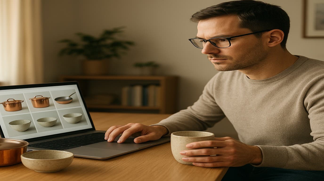 Shopify kitchenware founder reviewing polished product photos on a laptop at a warm, well-lit home office desk with copper pots and ceramic bowls nearby.
