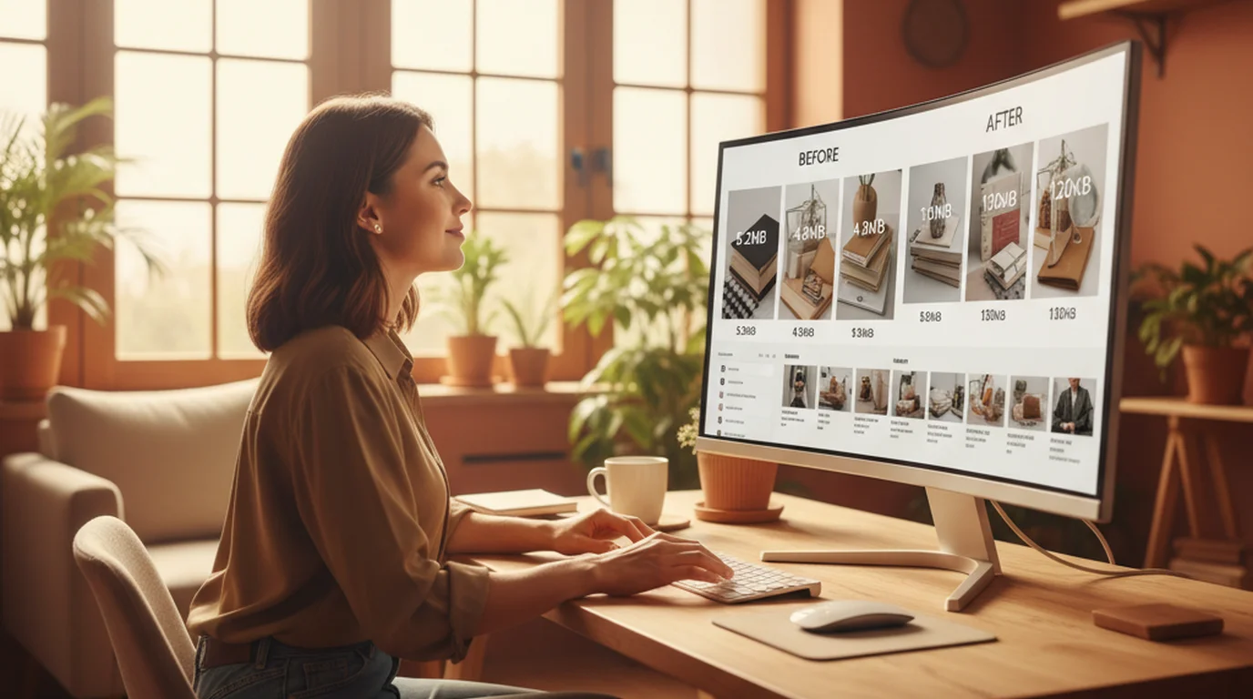 Ecommerce seller comparing original and compressed product images on screen — smaller file size, same visual quality