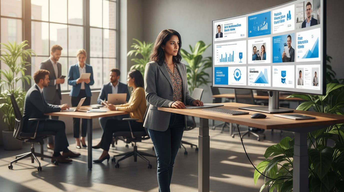 Boutique PR agency managing director at a minimal desk reviewing a navy and cream LinkedIn banner design on a large monitor, printed brand colour swatches beside the keyboard.