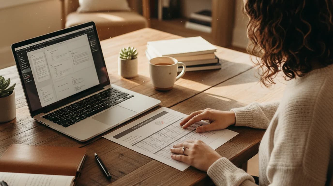 Founder reviewing a printed sales proposal with pricing section open on a laptop beside a notebook of discovery call notes