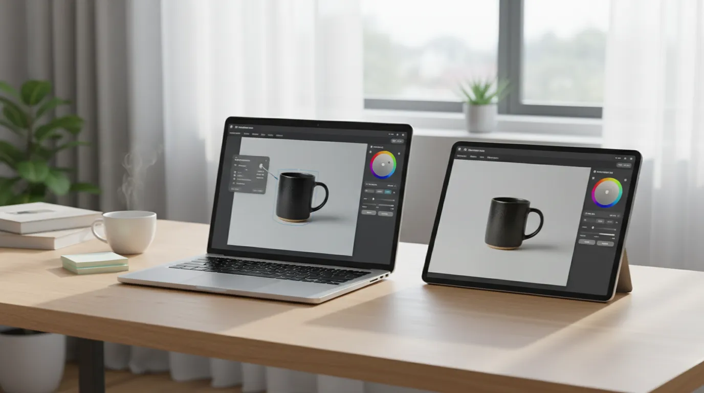 Laptop and tablet side by side on a desk, each showing a different AI photo editor working on the same black mug product photo
