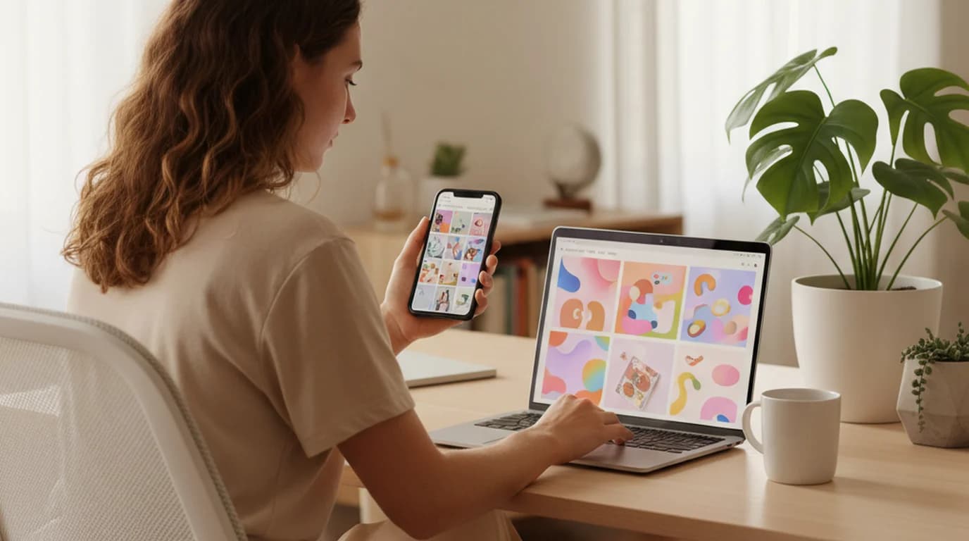 Creator reviewing AI-generated marketing images on a laptop at a minimal home desk with warm natural window light