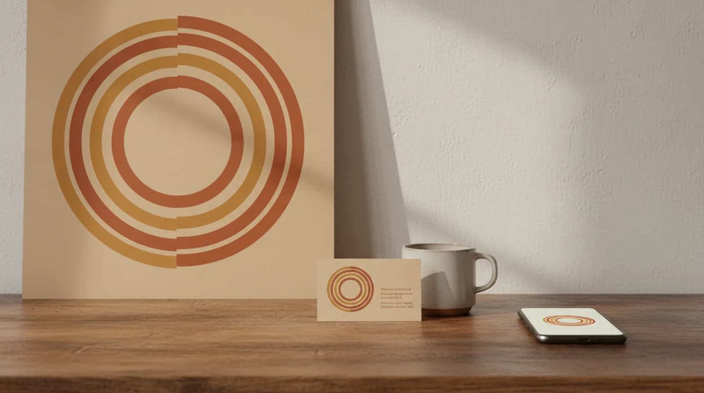 La même marque circulaire abstraite montrée à trois tailles : grande sur une affiche, petite sur une carte de visite, minuscule sur un écran de téléphone