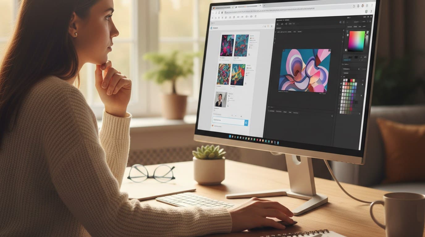 Growth marketer comparing a chat-based AI image tool with a dedicated visual editor in a bright modern workspace