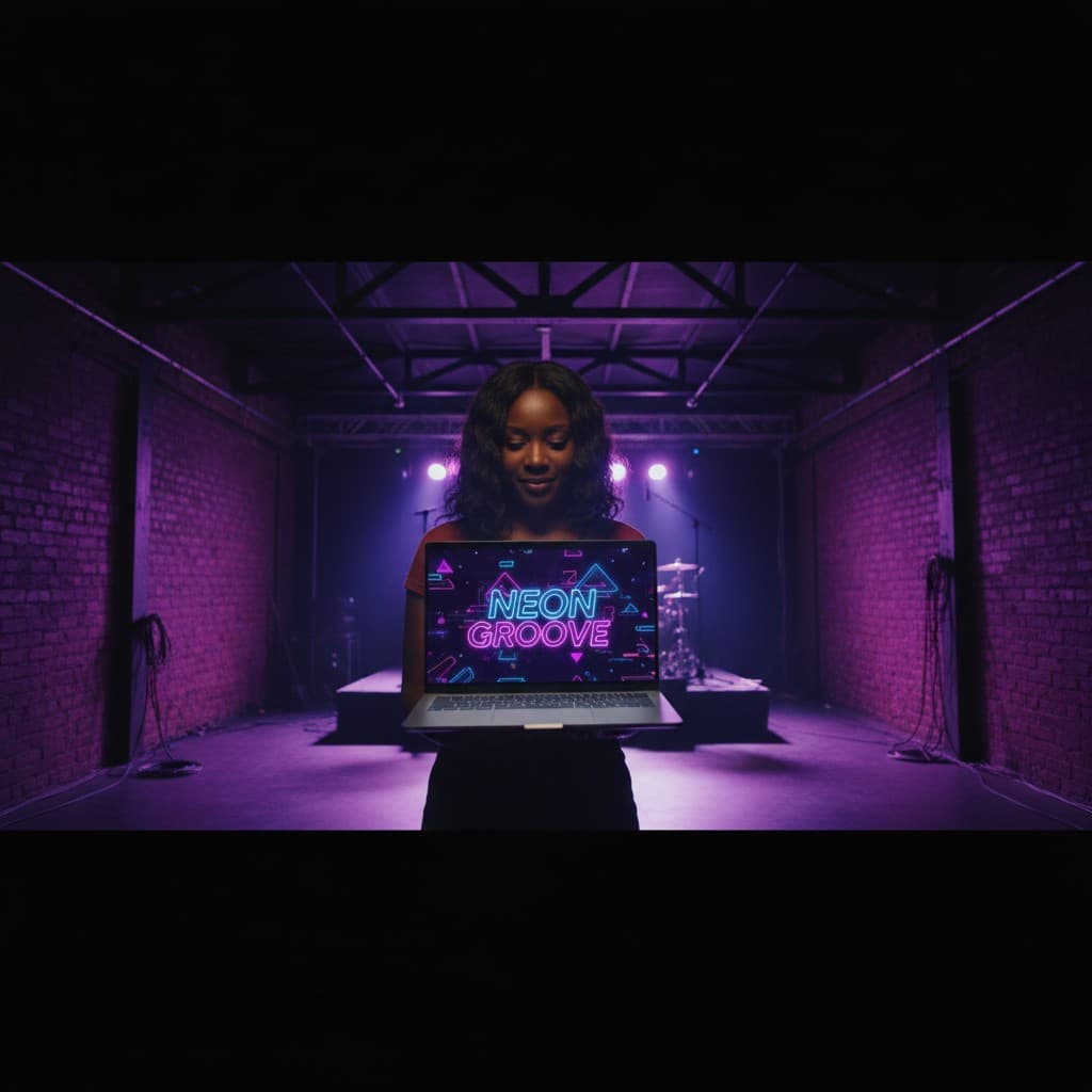 Events manager at an independent Birmingham music venue reviewing a YouTube channel banner design on a laptop, with moody neon-lit venue interior visible behind her.