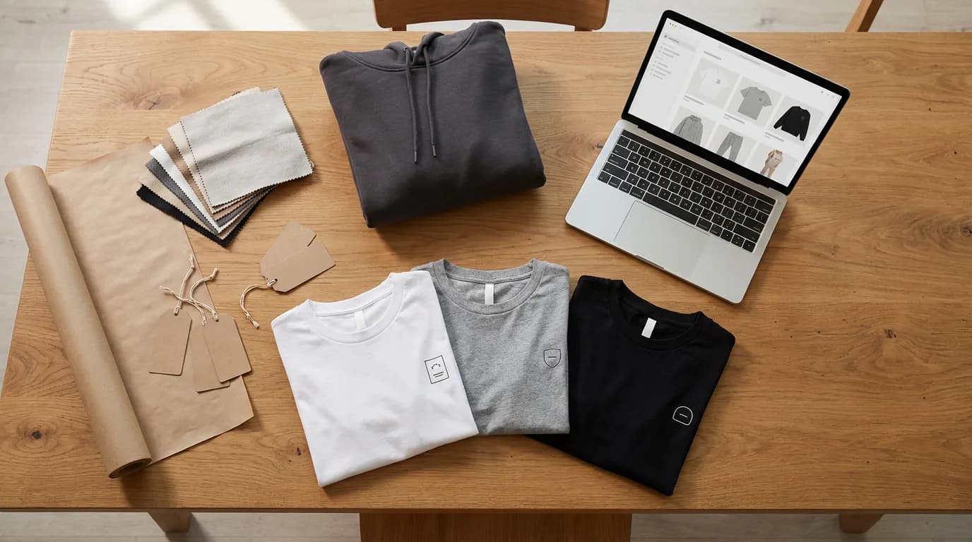 Small clothing brand workspace with folded printed t-shirts, a hoodie, fabric swatches and a laptop on a wooden table in daylight