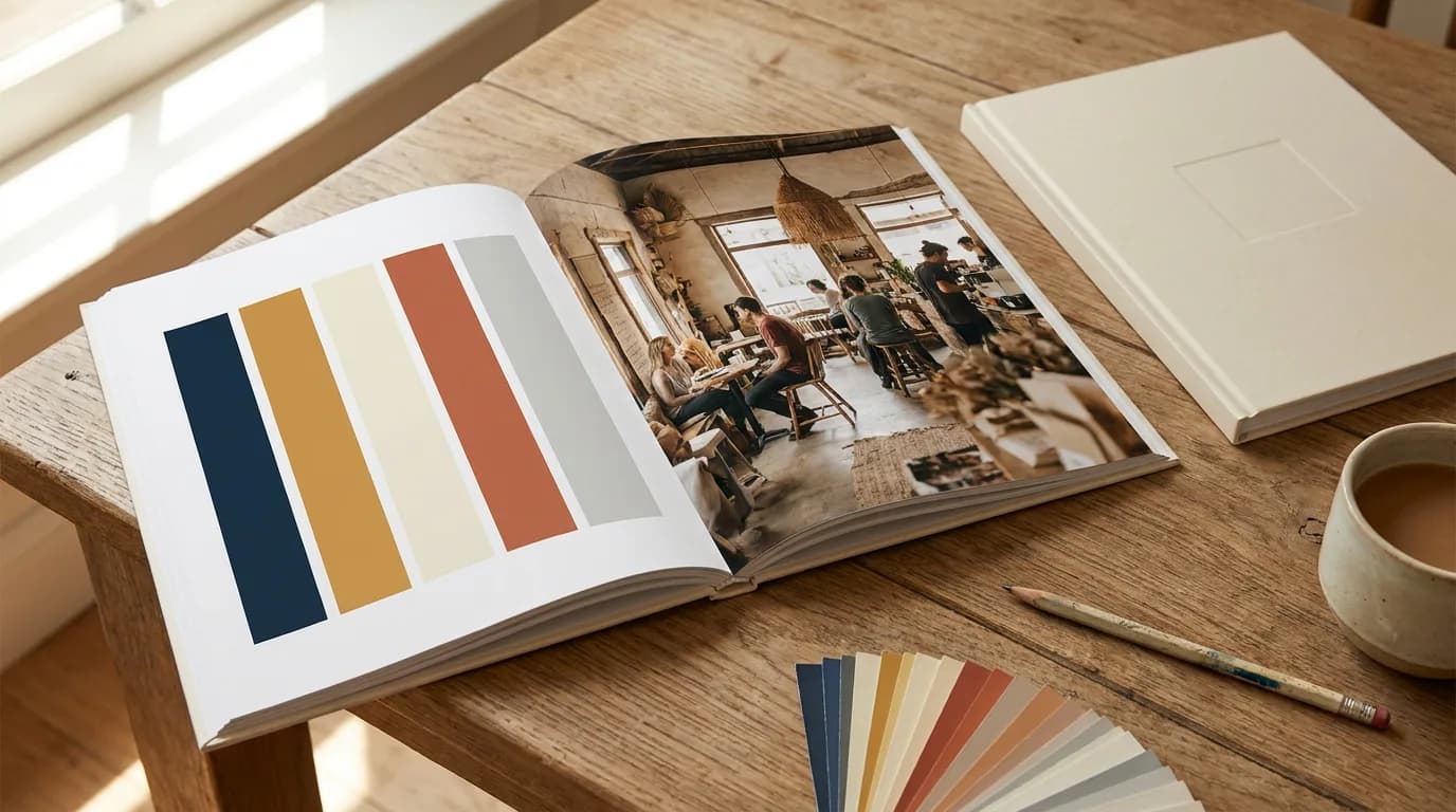Printed brand book lying open on a wooden table, showing a color palette spread, with a second closed copy, color chips and a pencil beside it