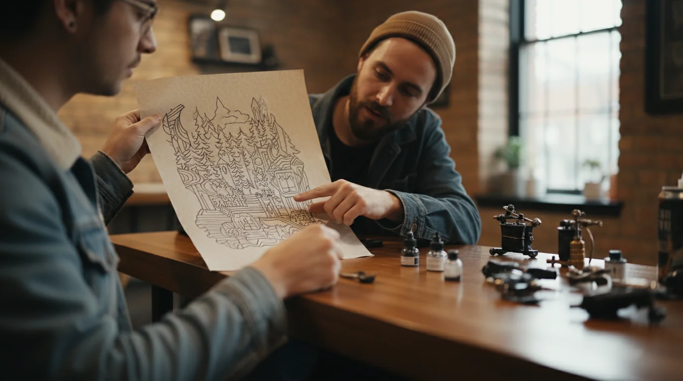 Persona en el mostrador de un estudio mostrando una lámina impresa de línea a un tatuador que señala el dibujo