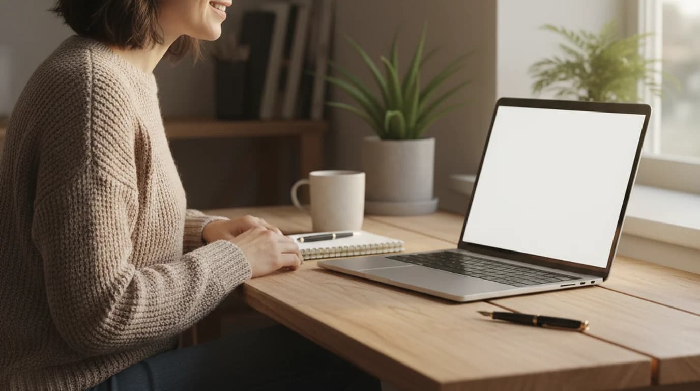Local business owner at a desk viewing a clean white YouTube channel banner on a laptop screen, warm natural window light