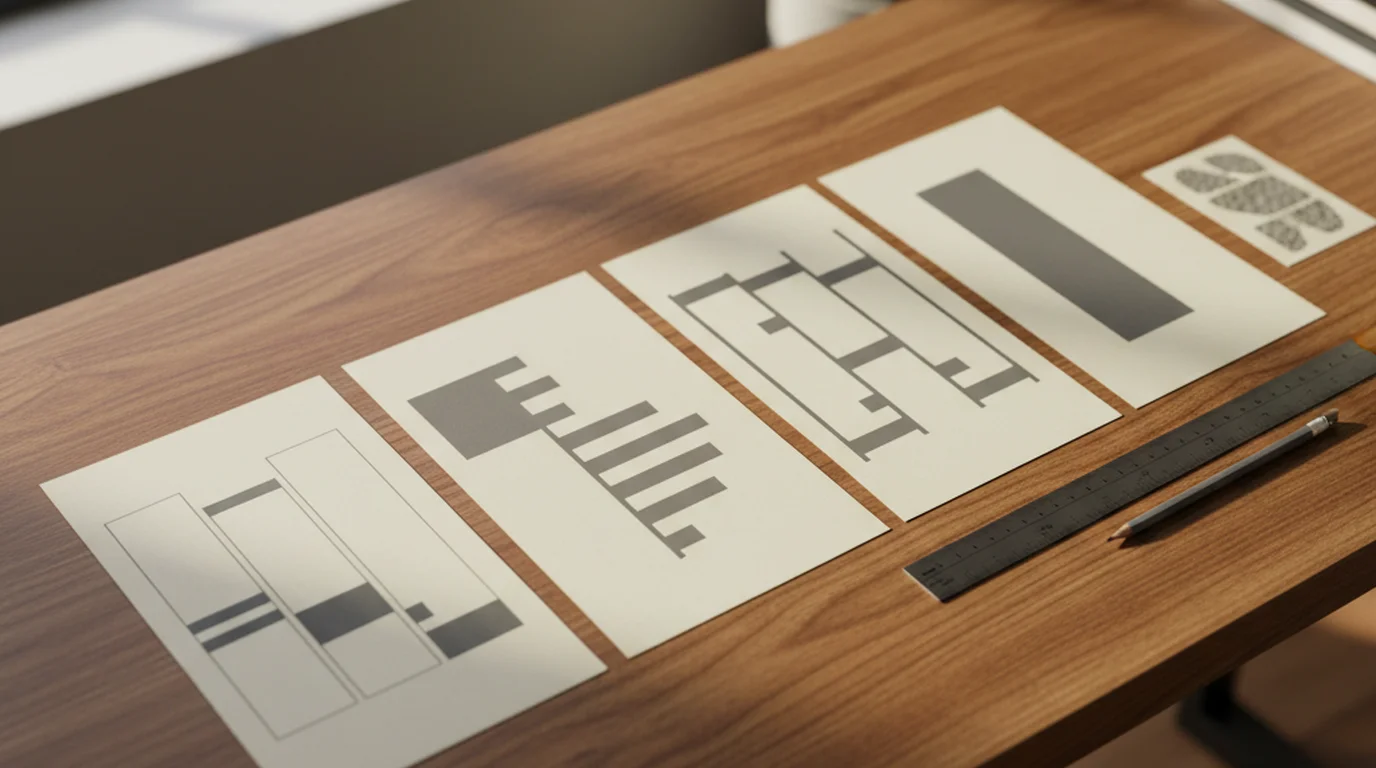 Printed one pager layouts on a designer's desk showing single, two and three-column grid options beside type specimens
