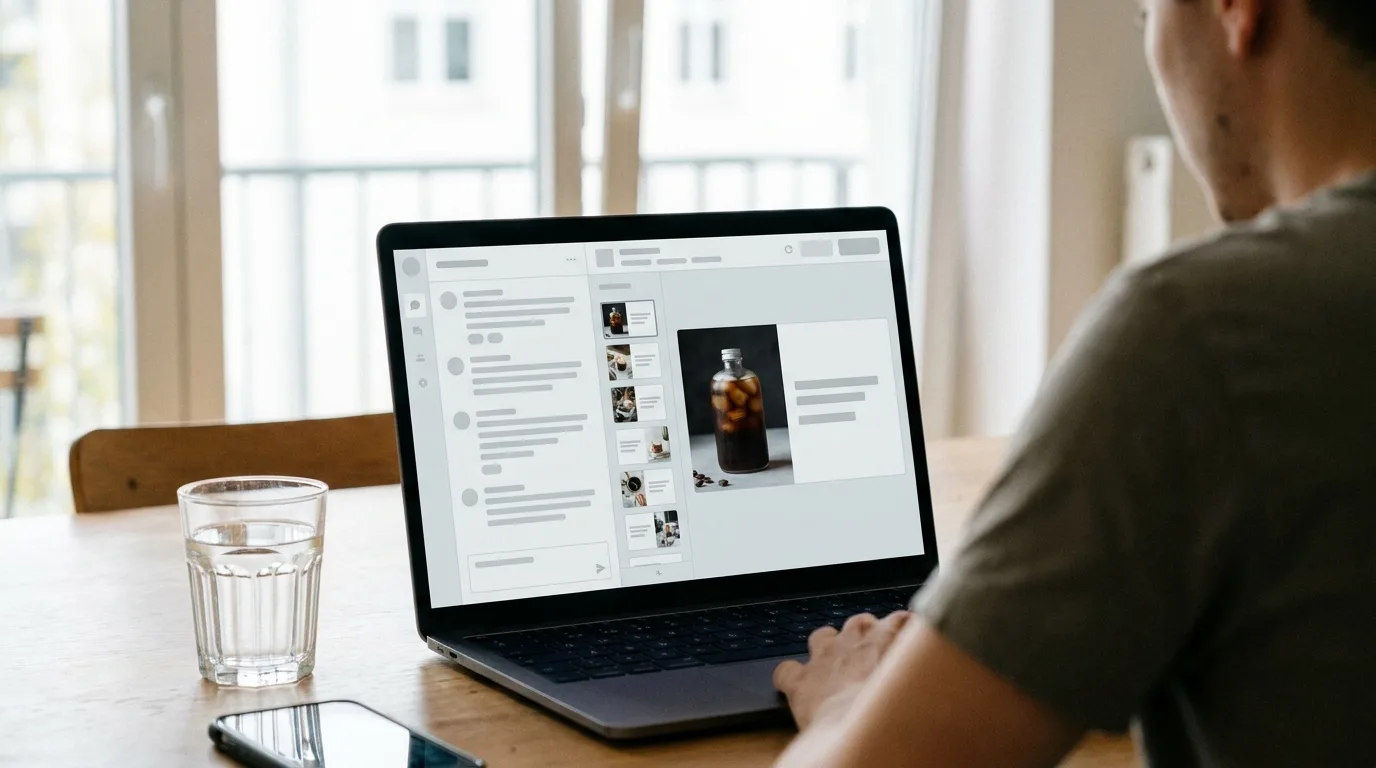 Marketer at a kitchen-table workspace with a laptop showing a chat panel beside a slide editor with a title slide and thumbnails, making a PowerPoint with ChatGPT