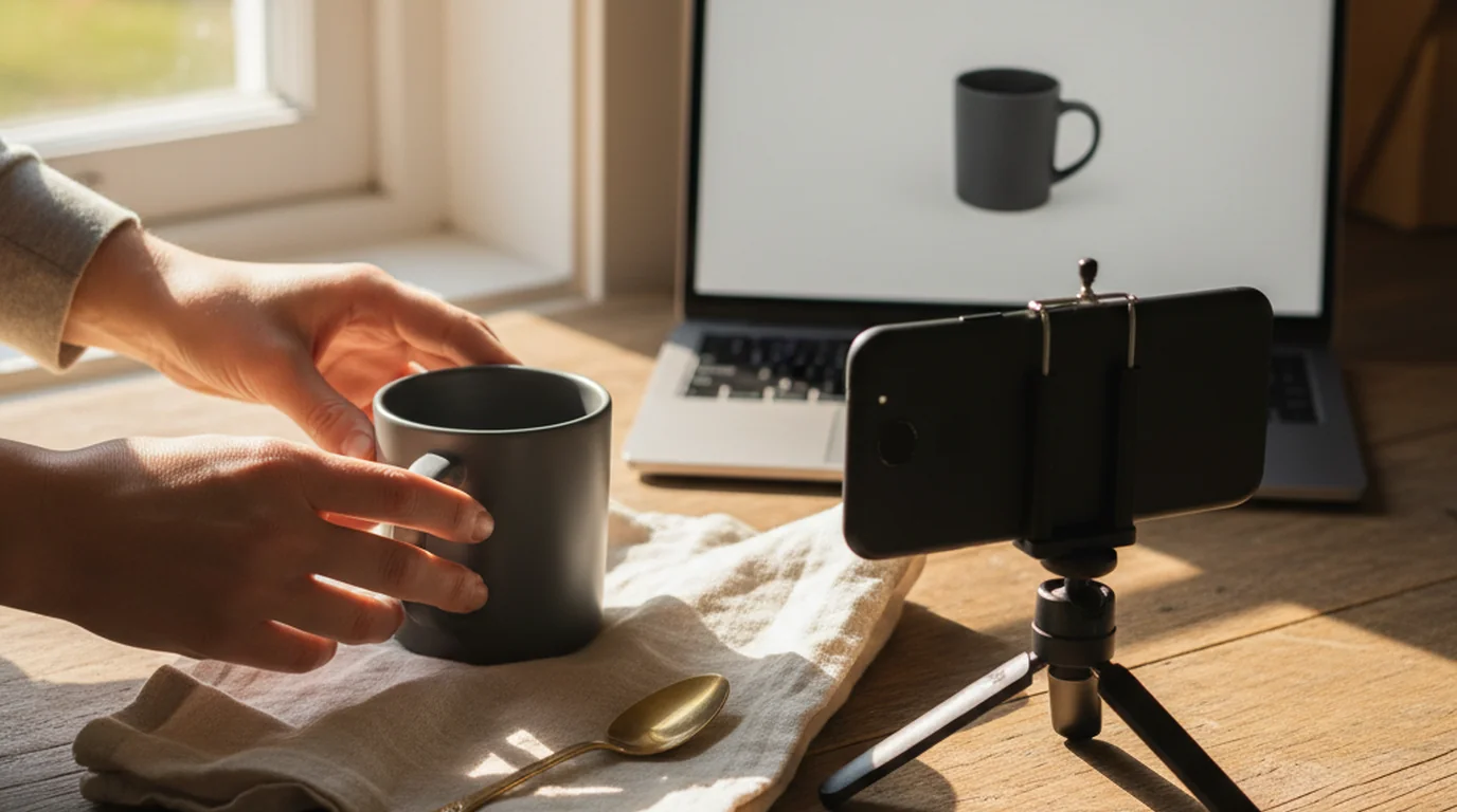 Lifestyle product photography setup at home — a ceramic mug staged on a sunlit kitchen counter beside a laptop showing the same mug on a white packshot background