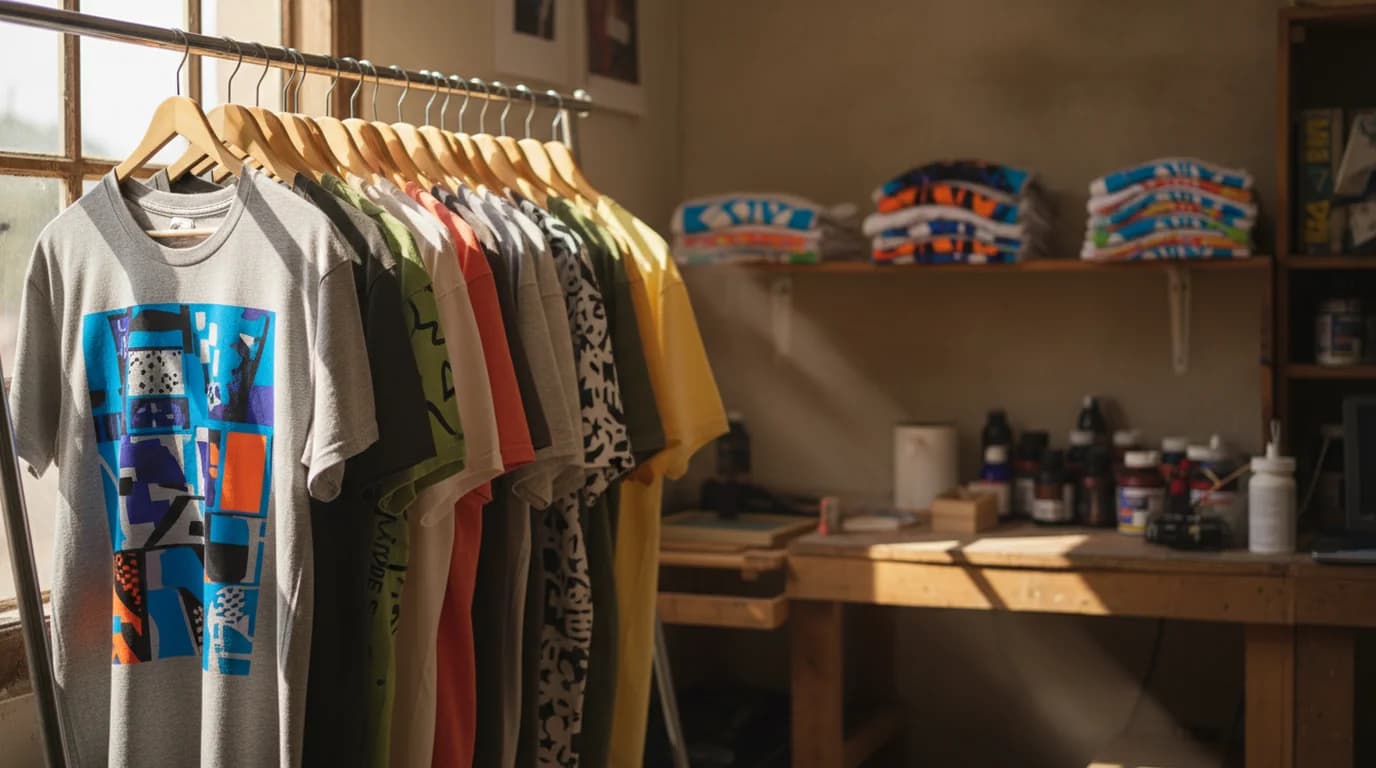 Rack of freshly printed graphic t-shirts in a small print studio, showing varied bold graphics across different shirt colours