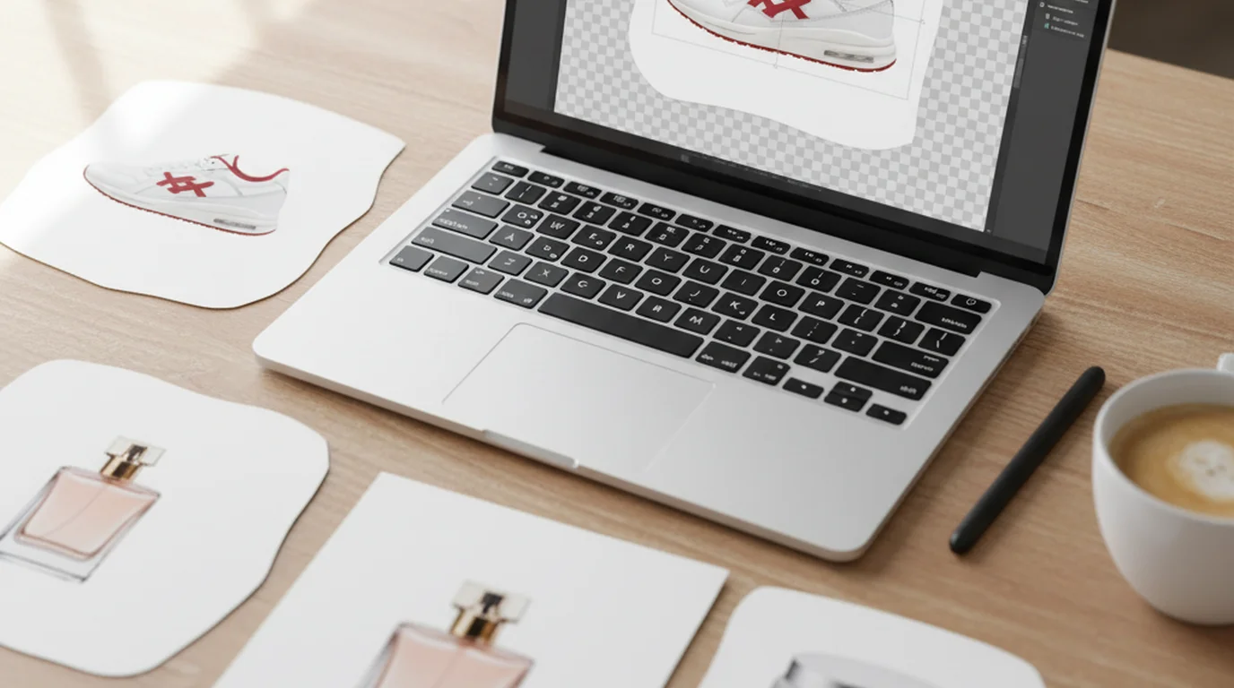 Ecommerce product photos with clean cutouts laid out on a desk beside a laptop showing a background removal tool