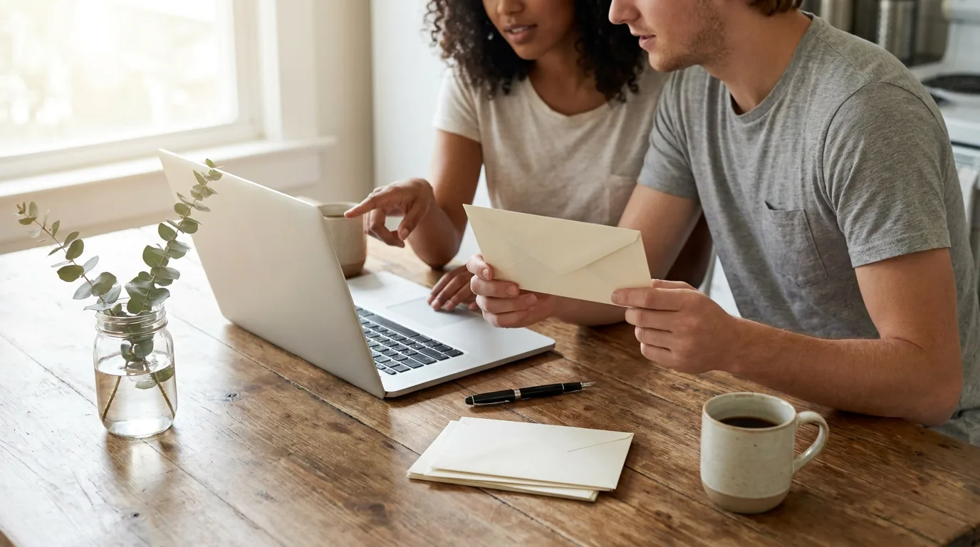 Couple at a kitchen table going through wedding planning paperwork with a laptop, a stack of blank envelopes and two coffee mugs in morning light