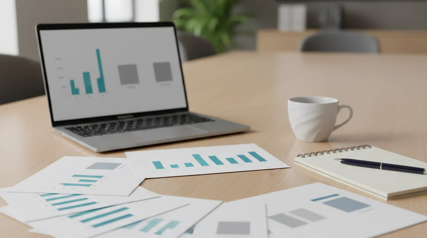 Printed slide deck pages spread across a conference table beside an open laptop showing the same slides in a bright office