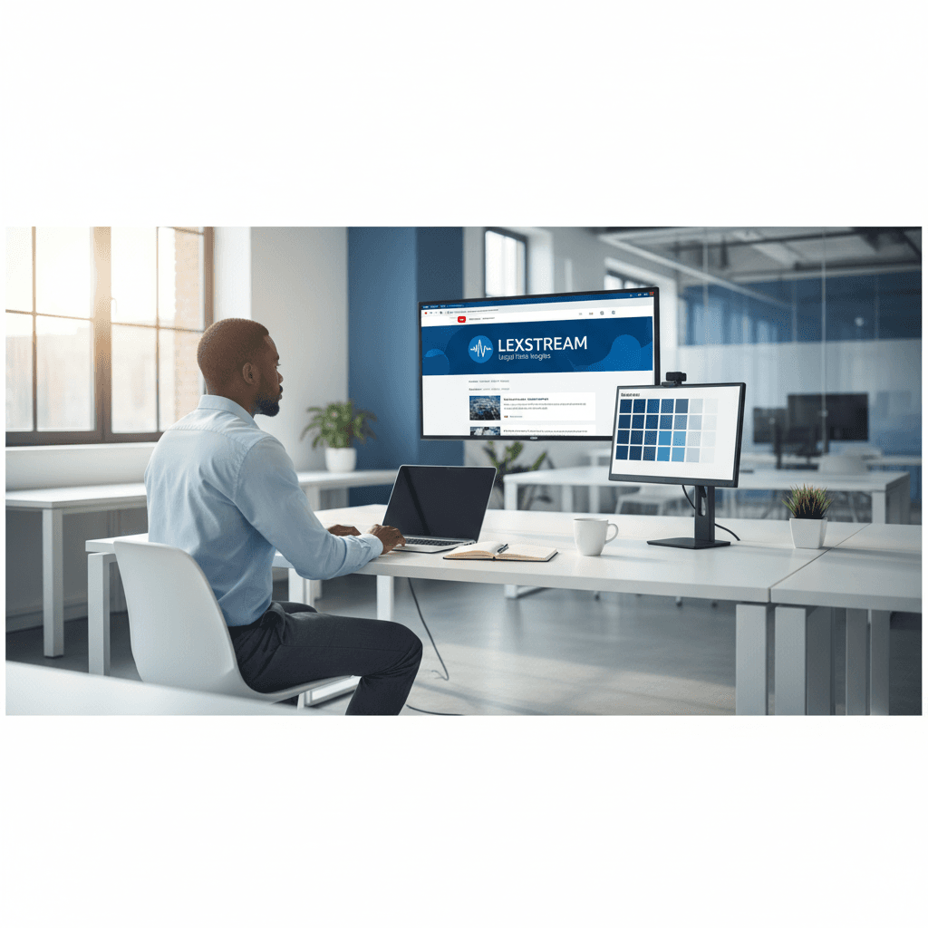 Startup founder reviewing a professional YouTube channel banner and brand kit on dual monitors at a clean minimal desk in a modern co-working space.