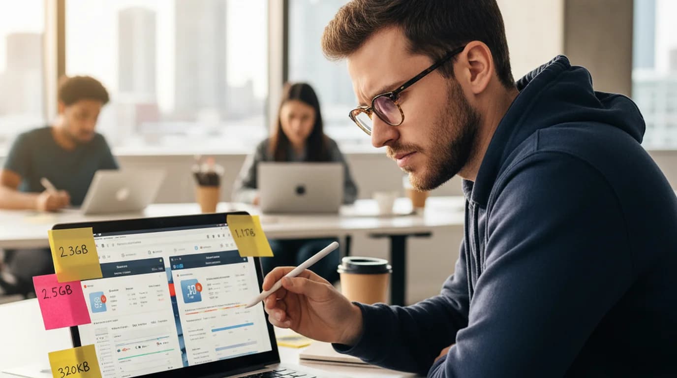 Startup founder comparing file size numbers from different AI image compressor tools on laptop screen