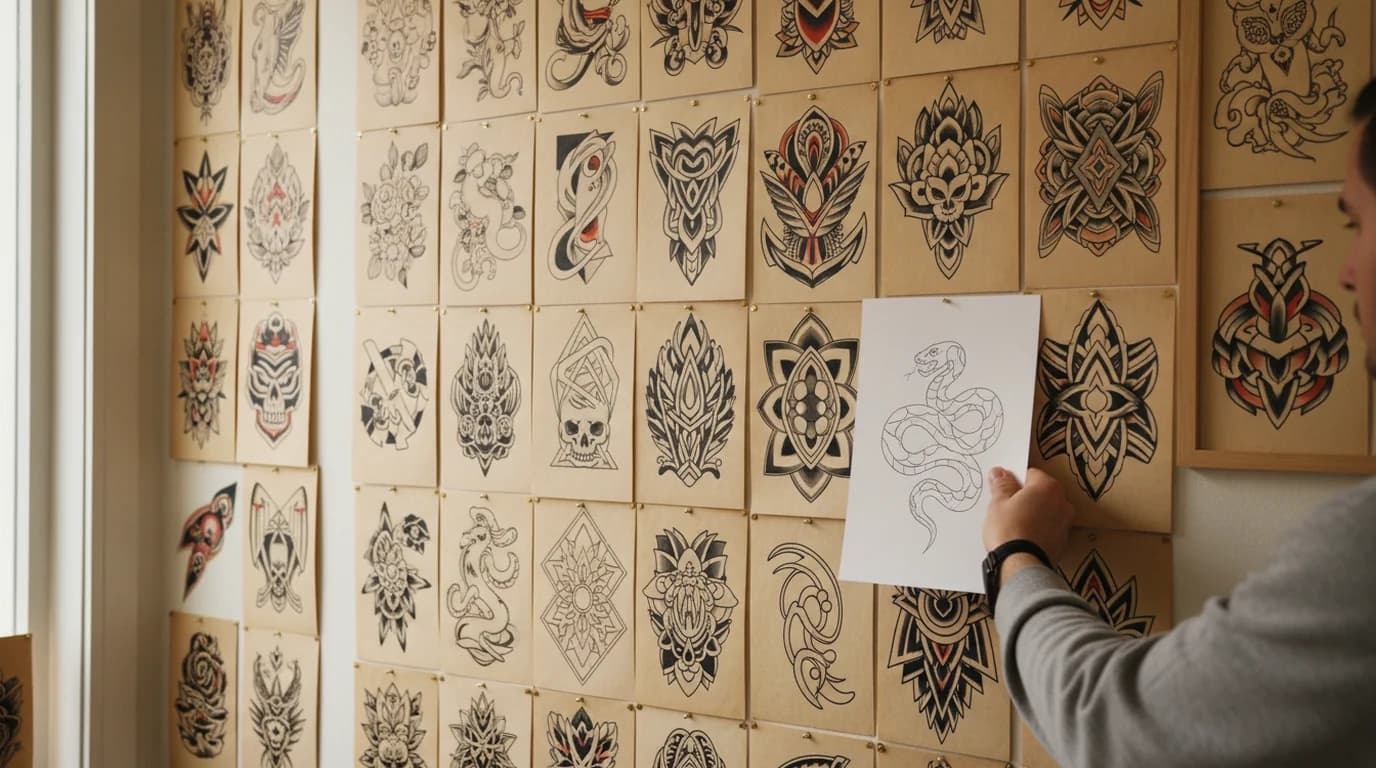 Tattoo studio wall covered with pinned flash sheets showing different line-art tattoo styles, from fine delicate linework to bold heavy outlines