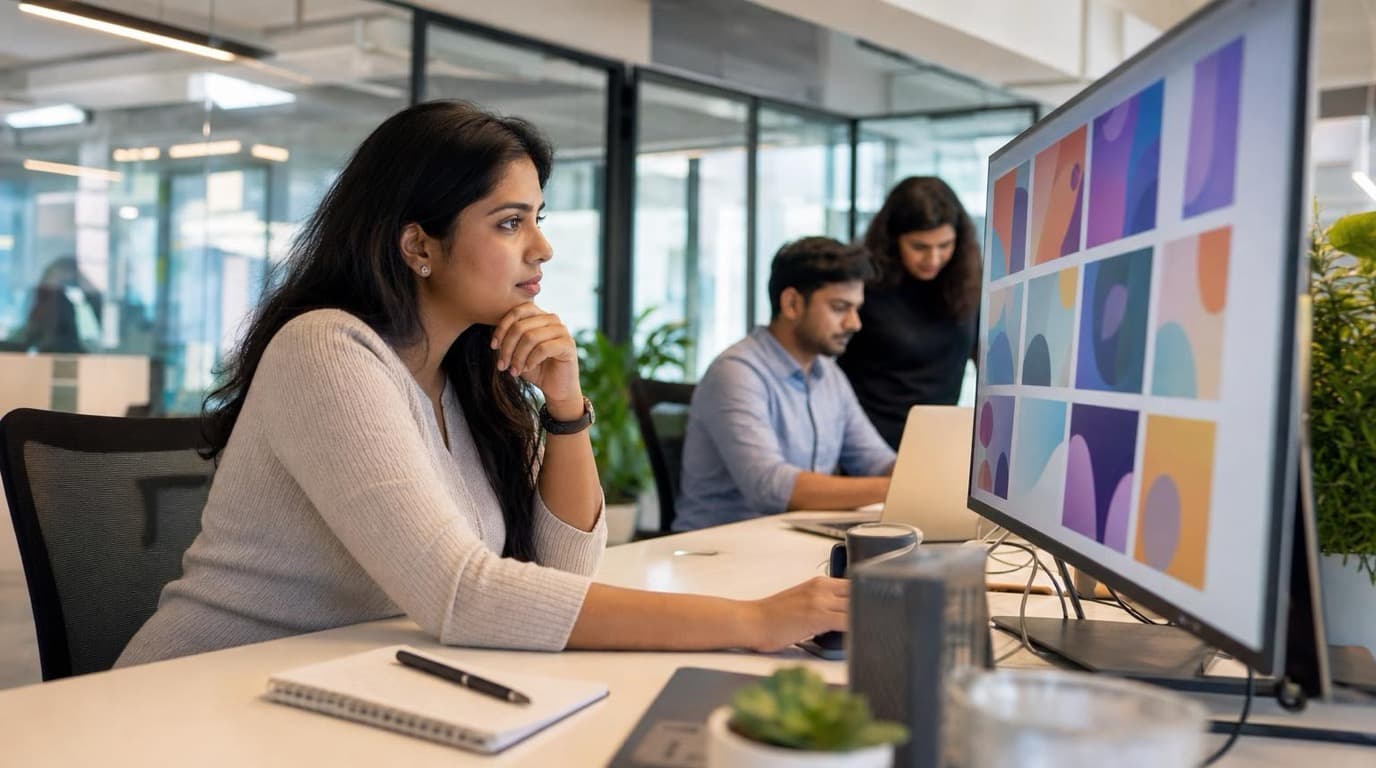 B2B SaaS growth marketer reviewing a grid of on-brand LinkedIn and paid social ad creative variants on a large monitor in a bright modern office.