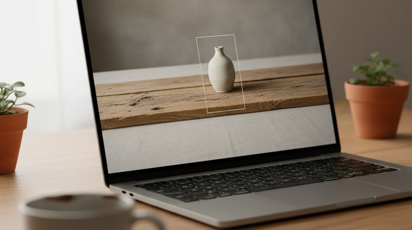 Laptop screen showing a ceramic vase photo widened by AI outpainting, with a thin outline marking the original vertical crop