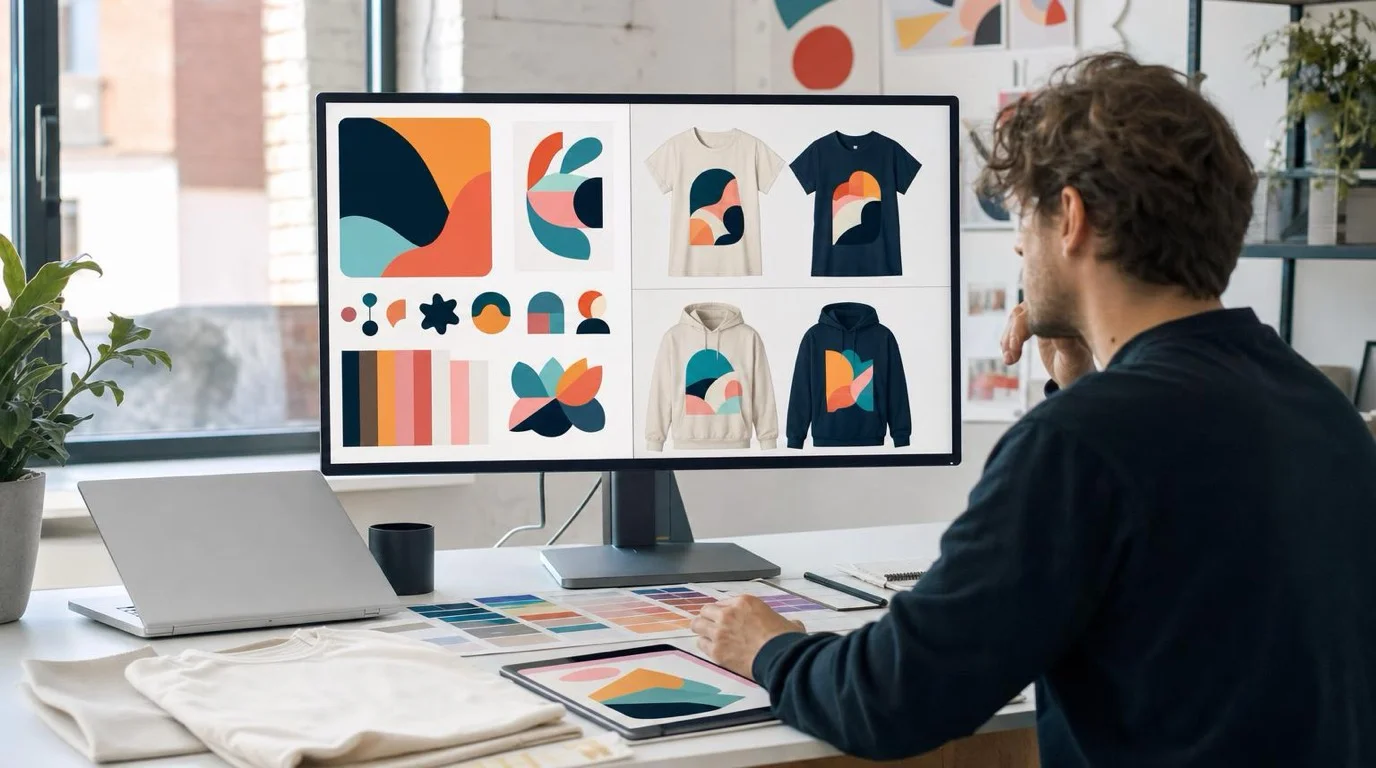 AI brand design tools displayed on laptop screens in a startup studio with brand assets, vector illustrations, and product mockups
