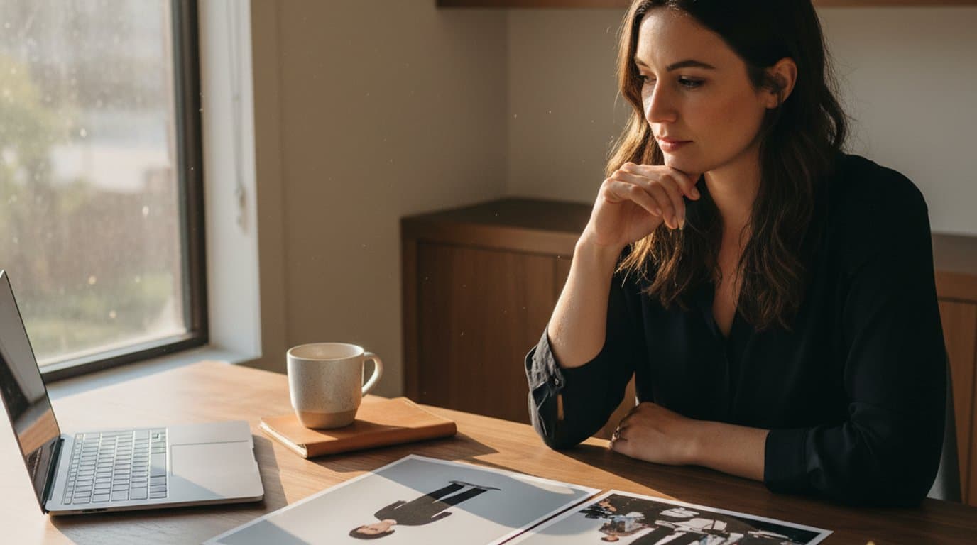 Independent brand consultant at a walnut desk comparing two prints of a client photo, before and after distracting people are removed.