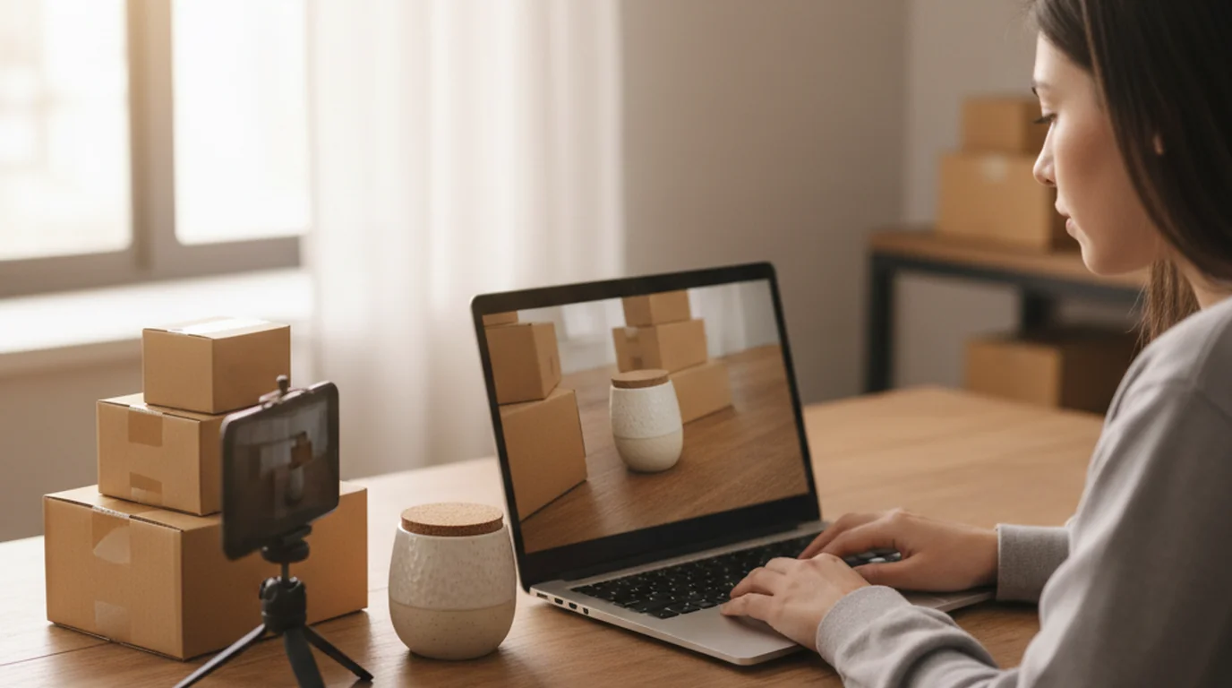 Ecommerce seller photographing a ceramic product with a phone on a mini tripod beside a laptop showing the edited listing image