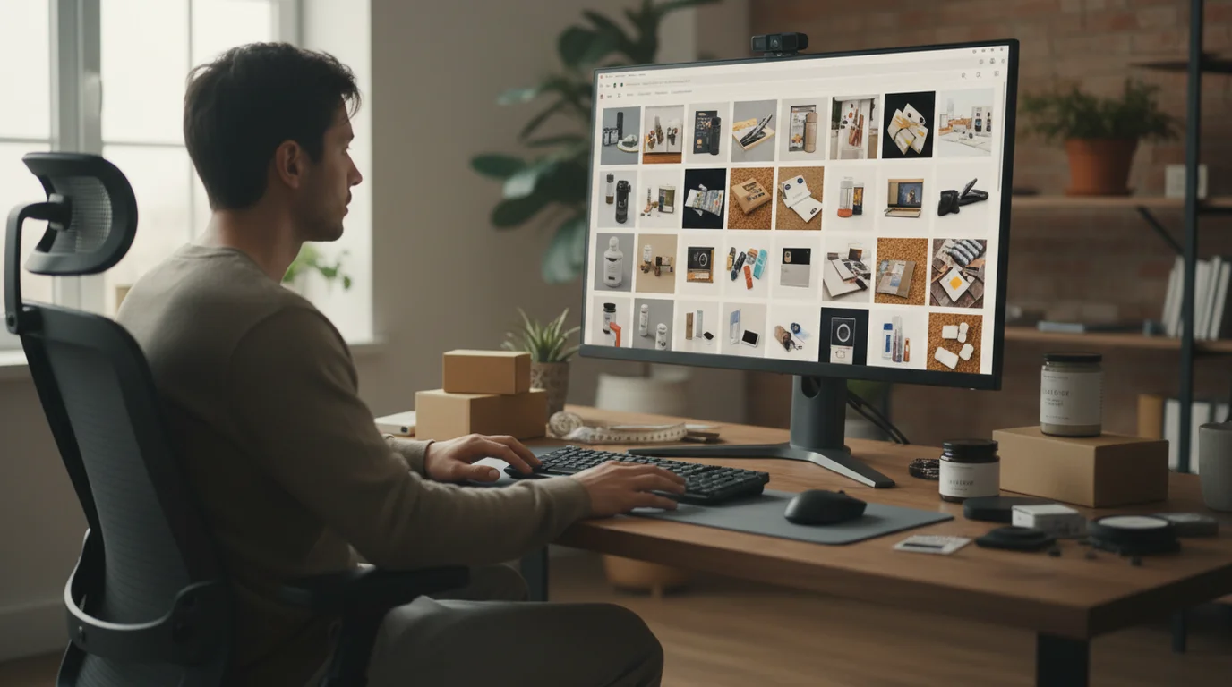 Ecommerce seller at a desk reviewing a grid of product listing images on a large monitor, with product samples and shipping boxes beside the keyboard