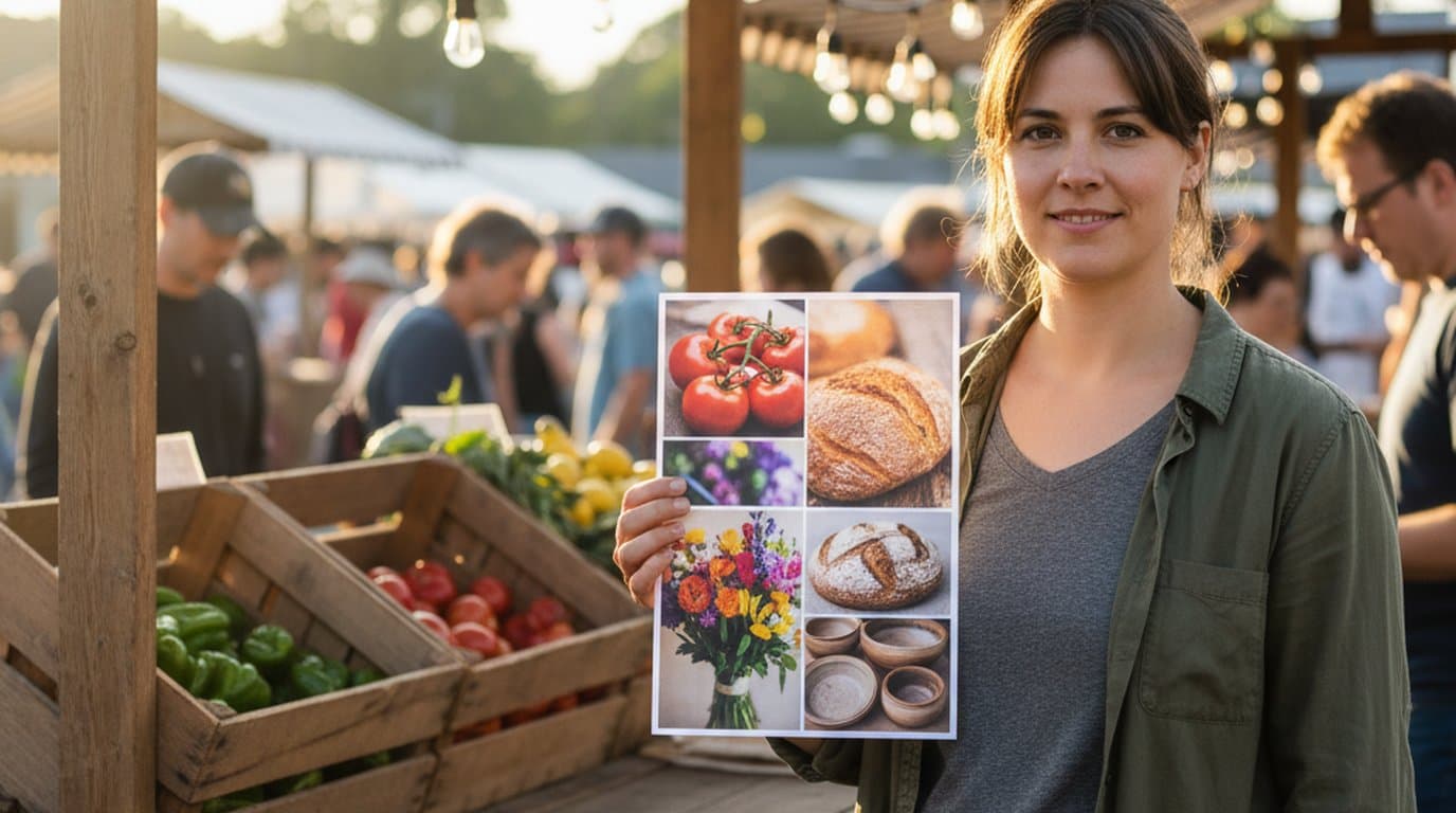 Farmers market organizer at an outdoor vendor stall holding a printed flyer-collage with produce, flowers, and bread tiles in a vertical poster layout.