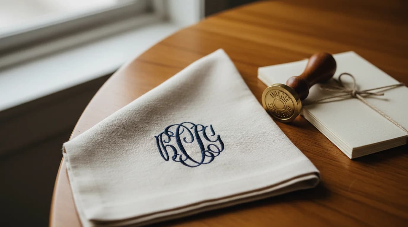 Cream linen napkin with a navy interlocking embroidered monogram, beside a brass wax seal stamp and folded stationery