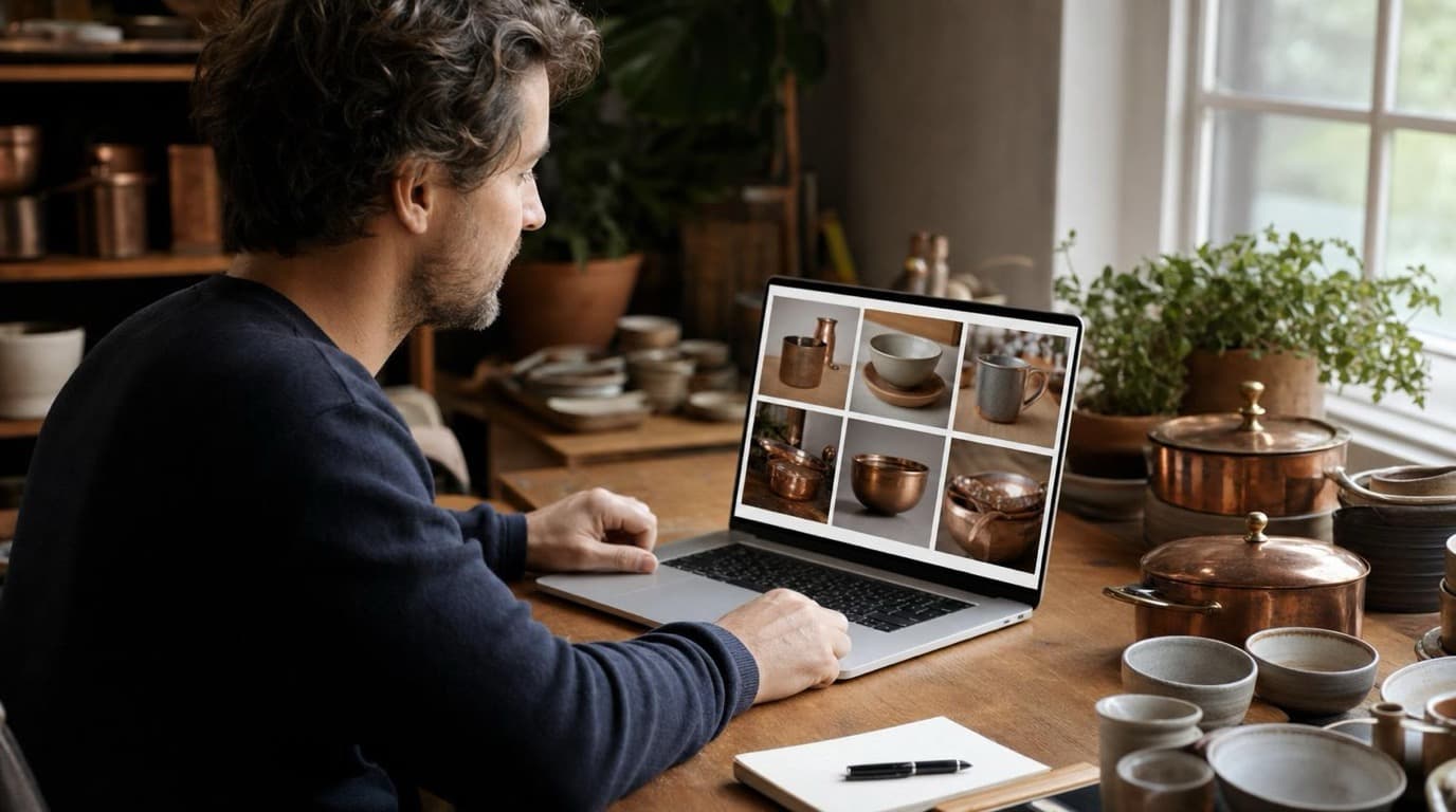 Shopify kitchenware founder reviewing polished product photos on a laptop at a warm, well-lit home office desk with copper pots and ceramic bowls nearby.