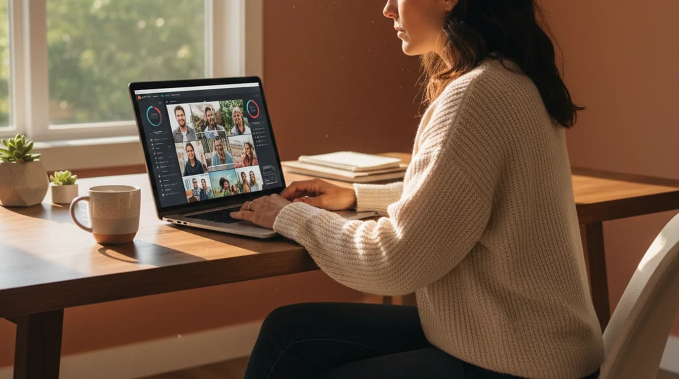 Marketing professional reviewing AI-edited product images on laptop in a bright home office — free AI photo editor in use