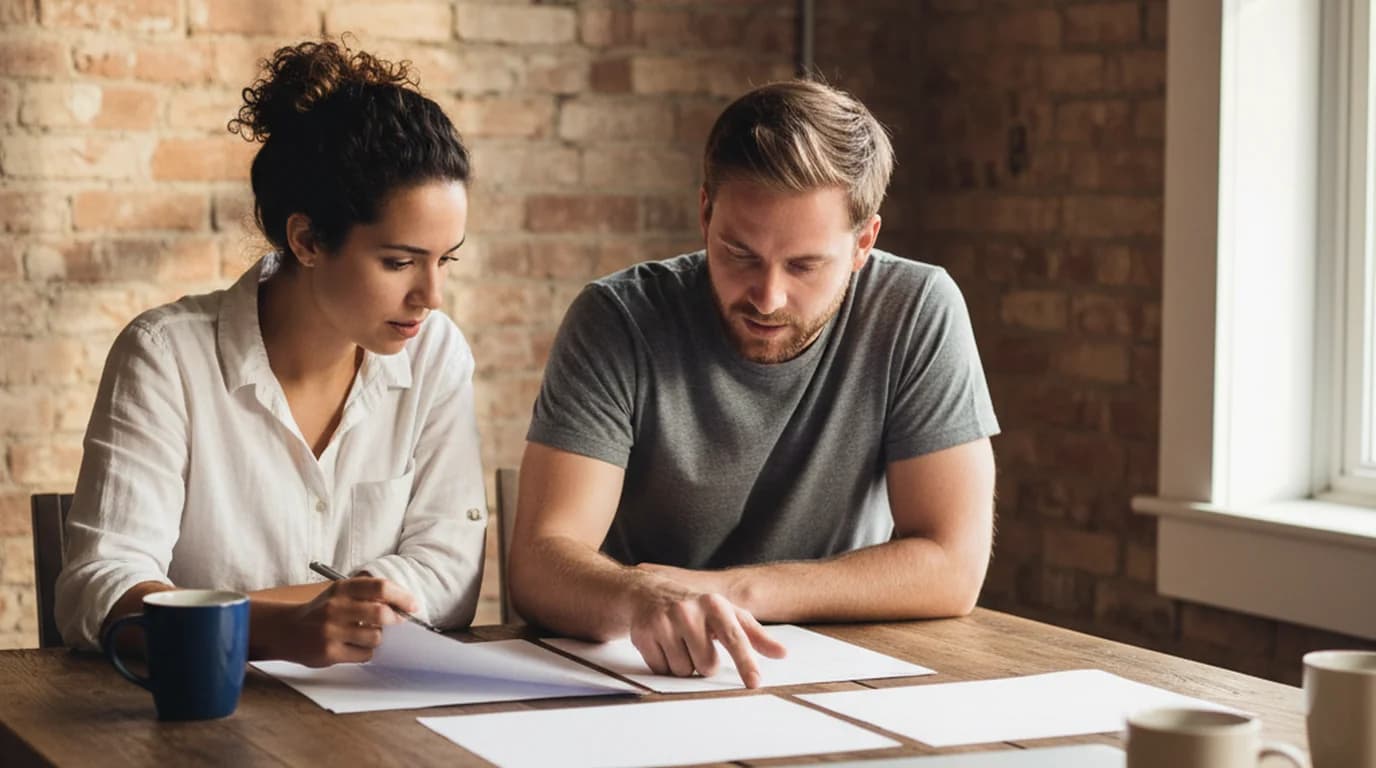 Two startup founders at a wooden table reviewing printed pitch deck pages in a sunlit office while planning a seed round deck