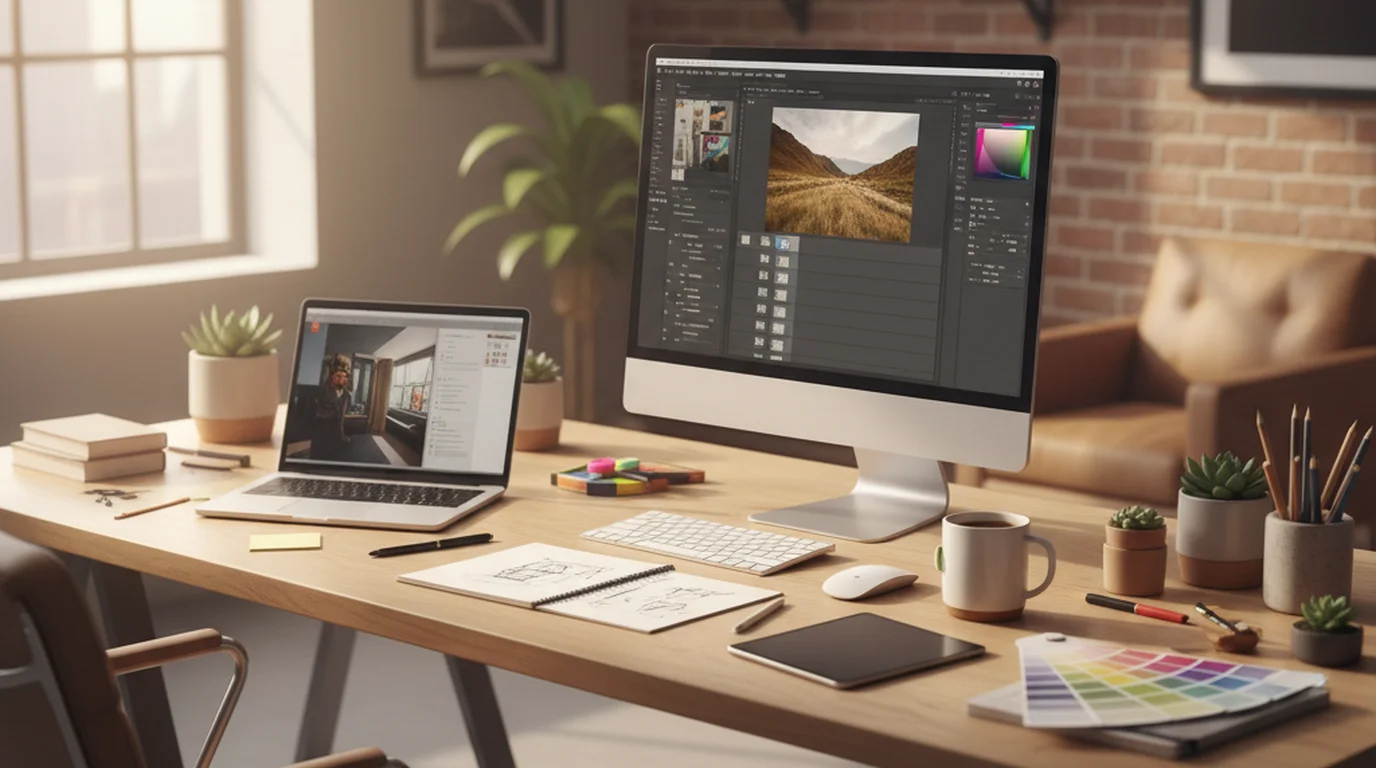 Designer at a bright studio desk editing a photo with AI tools on a large monitor, soft window light