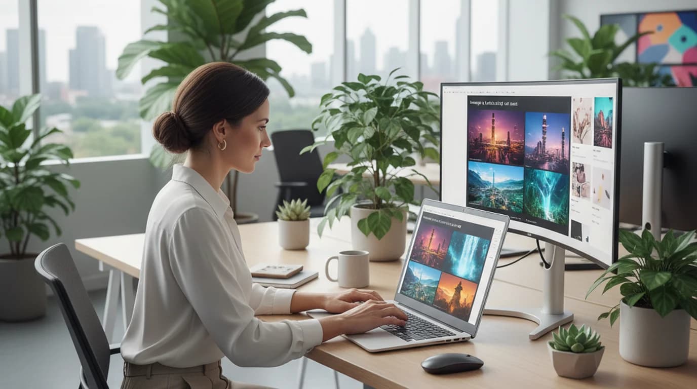 Marketing professional typing AI photo prompts on laptop with campaign images displayed on screen in a bright modern office