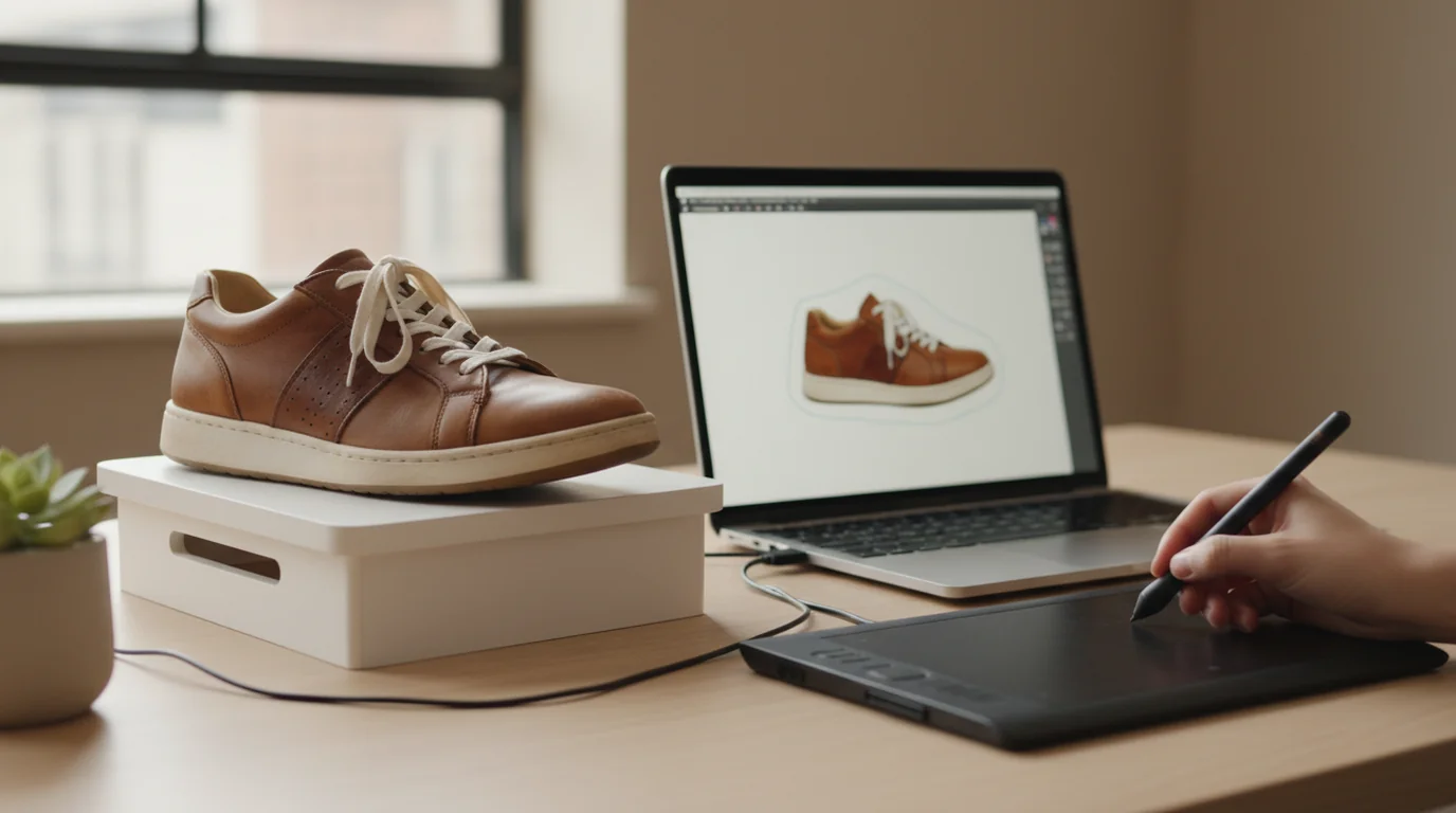 Lederschuh auf einem kleinen Produktfotografie-Tisch neben einem Laptop, auf dem dasselbe Produkt freigestellt wird