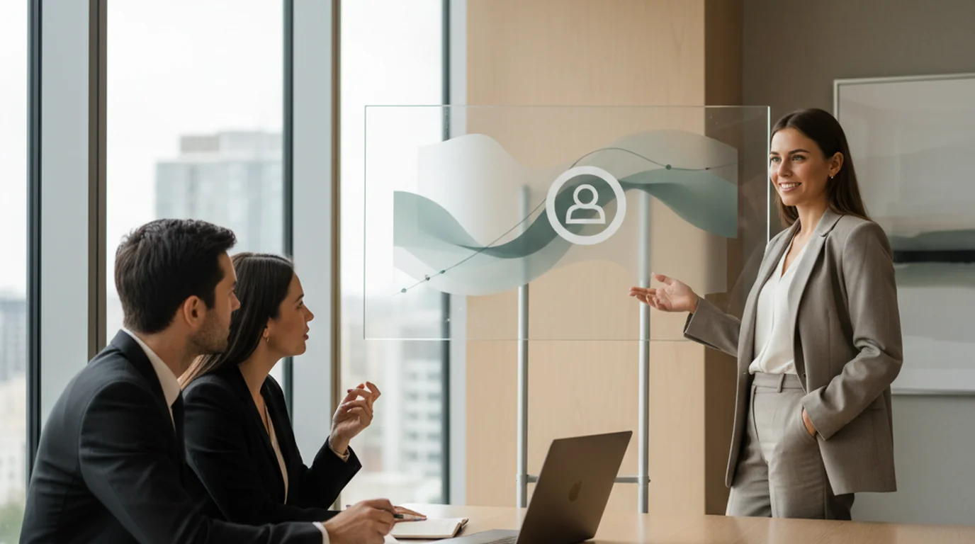 Startup founder presenting a pitch deck slide on a large screen to two seated investors in a modern meeting room