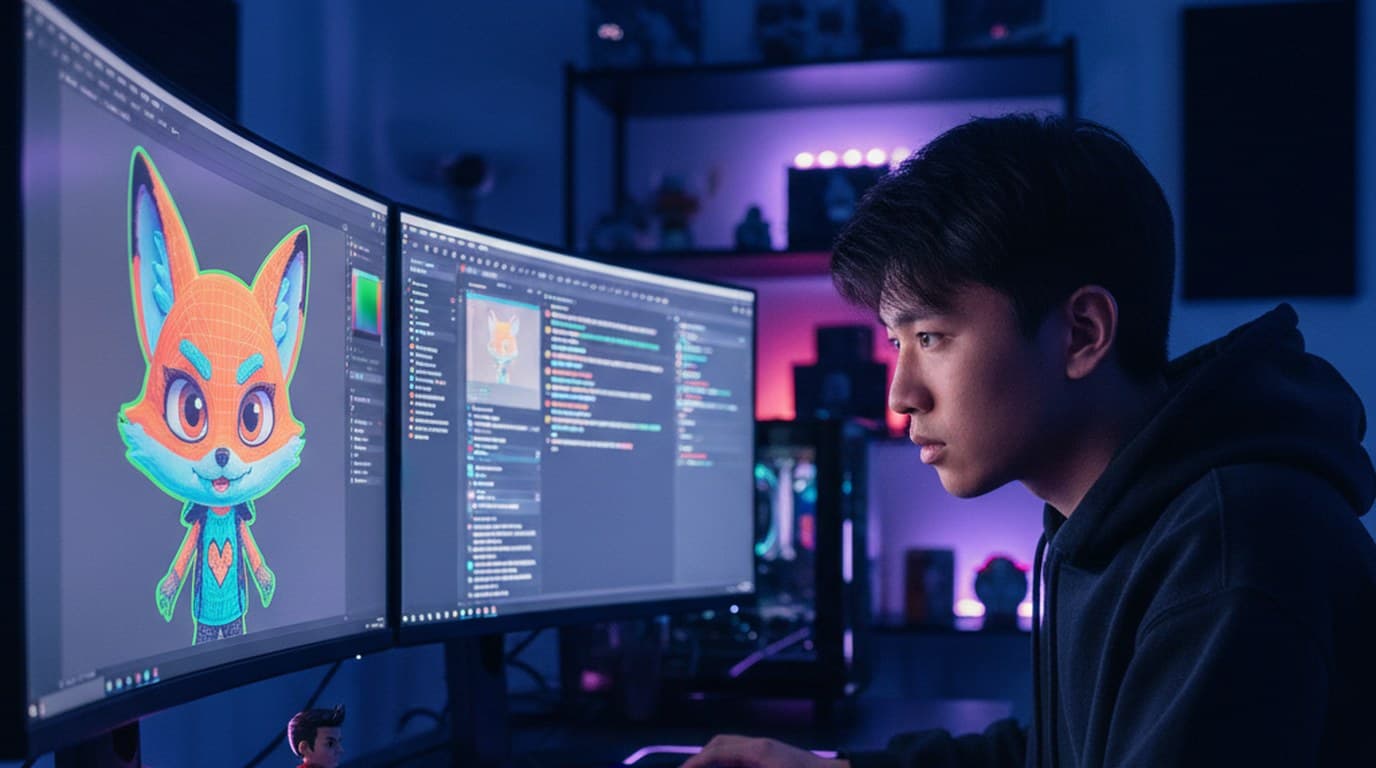 Gaming content creator working at a dual-monitor setup with RGB ambient lighting, designing a profile picture on screen.