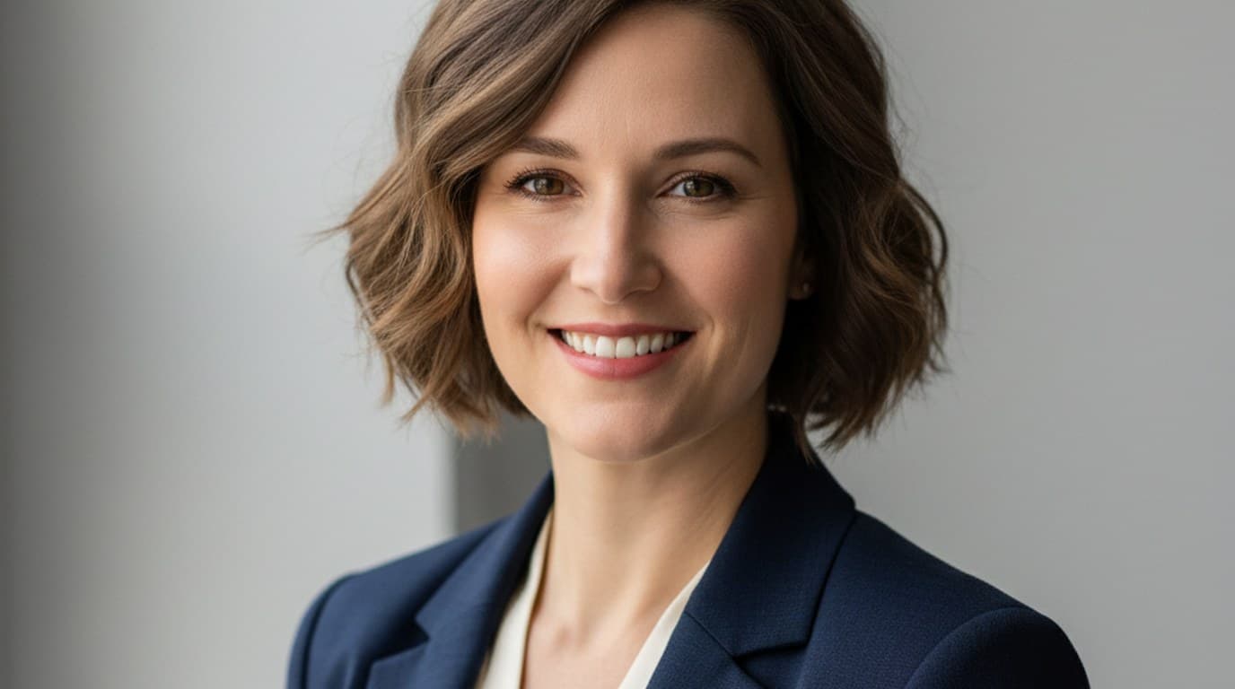 Woman looking confidently into camera with soft natural window light and a clean neutral background — a professional profile picture example