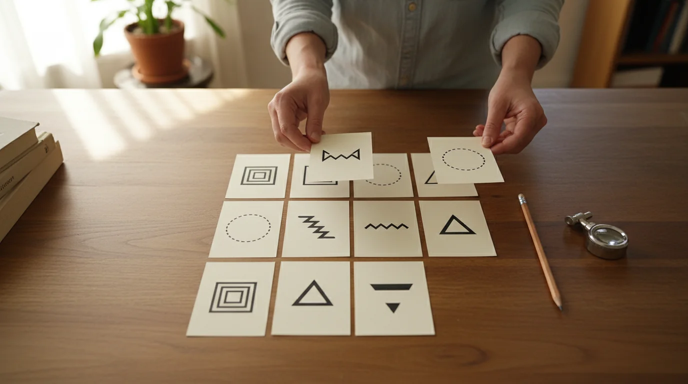 Printed cards laid out in a grid on a designer's desk, each showing a different type of logo mark in black ink on cream paper