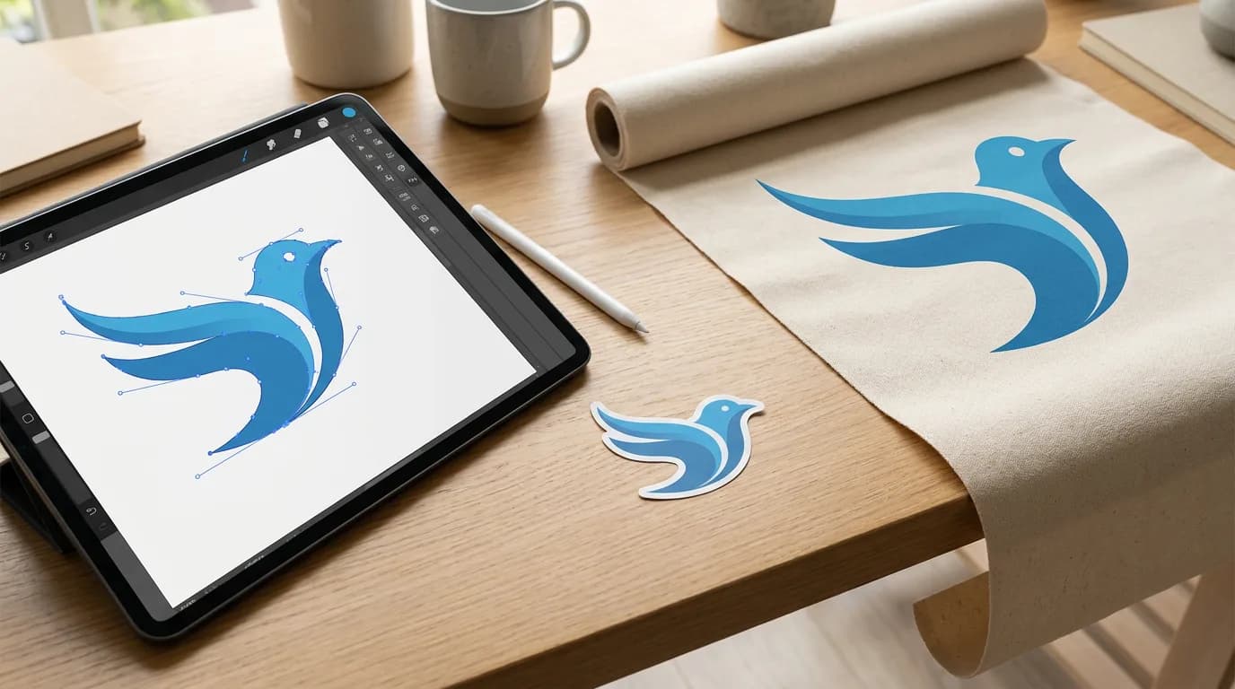 Designer's desk with a tablet showing a logo drawn as smooth bezier paths with anchor points, next to a printed sticker and a large banner of the same logo