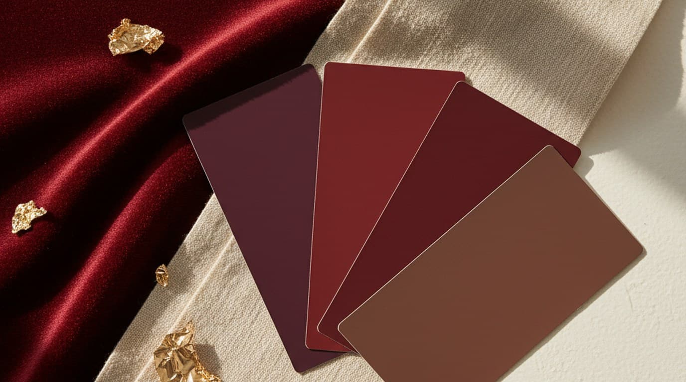 Burgundy fabric swatches and paint chip cards arranged with cream linen and gold foil accents showing the burgundy color palette