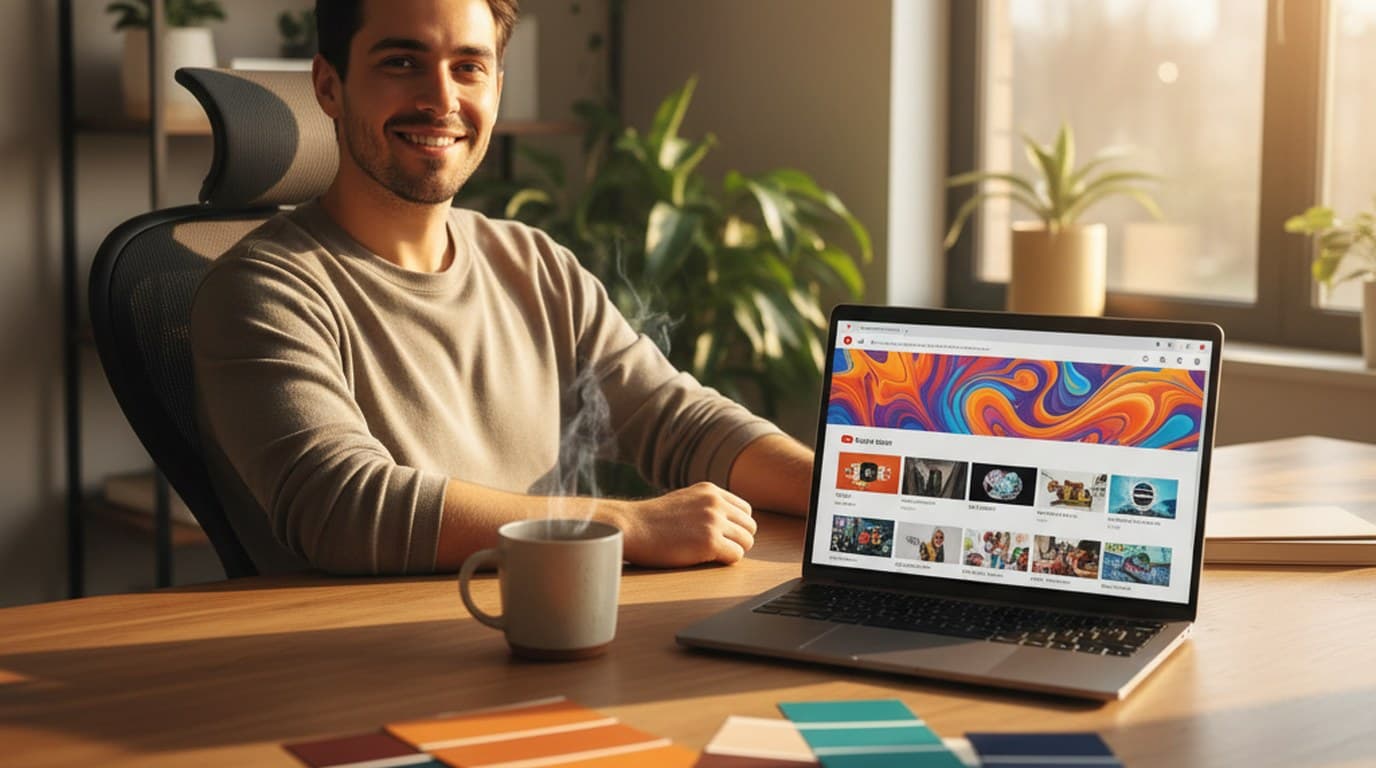 Creator at a desk designing a YouTube banner on a laptop, warm home office setting with brand color swatches and coffee