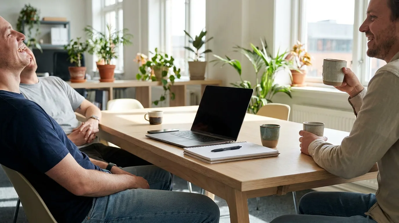 Small team around a wooden table in a bright office, one laptop open between coffee cups and a notebook during a weekly project check-in