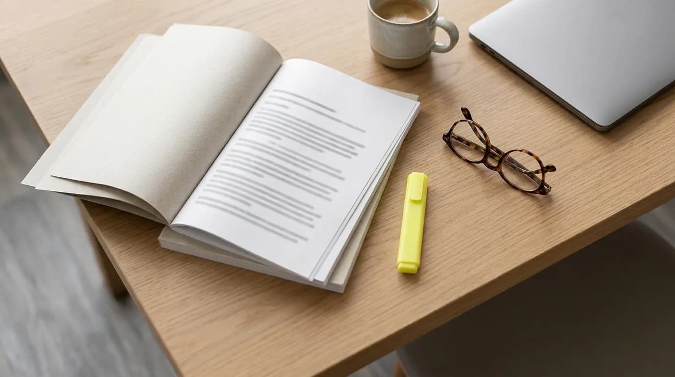 Printed report on a meeting table with its first page open to a short summary section, a highlighter and a pair of reading glasses beside it